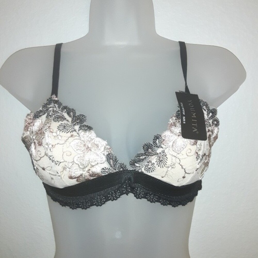 Youmita Large Black Triangle Floral Lace Bralette W/embroidery NWT